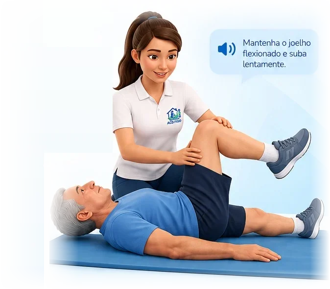 Fisioterapeuta orientando um paciente deitado a dobrar o joelho, com a instrução de voz: mantenha o joelho flexionado e suba lentamente